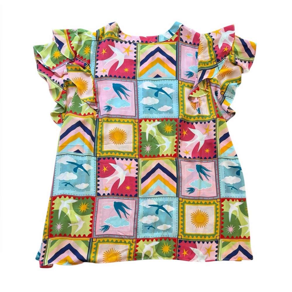 Rose + Olive 1x Patchwork Print Flutter Sleeve Bu… - image 2